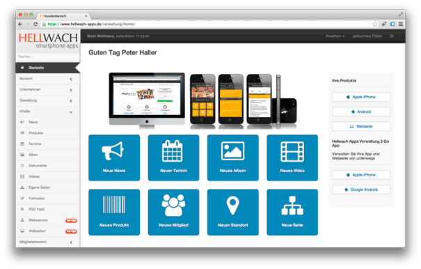 Hellwach Apps Verwaltungsoberfläche